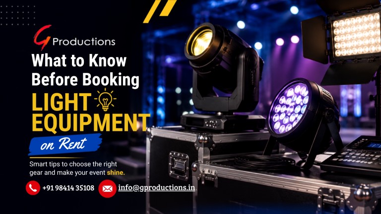 Light equipment on rent with stage lights, moving head lights, LED panels, and lighting control equipment for events.