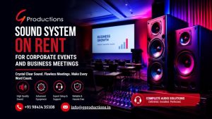 Professional blog banner for sound system rental services featuring large premium speakers, a realistic corporate conference room, presentation stage, audio mixer, and bold red-and-black design promoting sound systems for corporate events and business meetings.