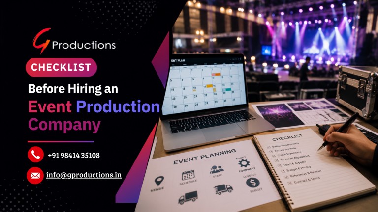 Checklist before hiring an event production company with event planning workspace, laptop schedule, planning checklist, and live stage setup for corporate event management.