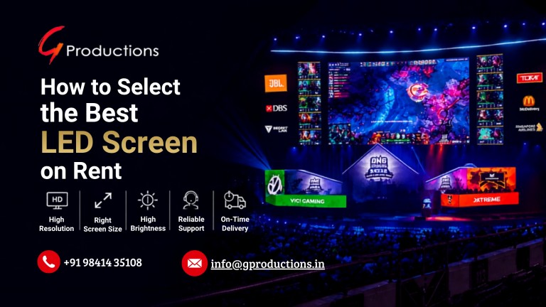 Modern LED screen rental blog banner featuring a large indoor event stage with a giant LED display, audience, and simple white icons highlighting key LED screen selection features.