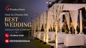 Wedding production company banner featuring an elegant outdoor wedding setup with white drapes, floral decorations, warm lighting, and luxury seating.