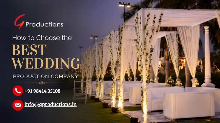 Wedding production company banner featuring an elegant outdoor wedding setup with white drapes, floral decorations, warm lighting, and luxury seating.