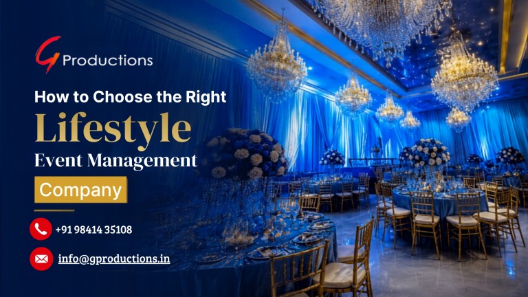 Luxury blue-lit ballroom with crystal chandeliers, elegant floral centerpieces, and gold seating, promoting how to choose the right lifestyle event management company.