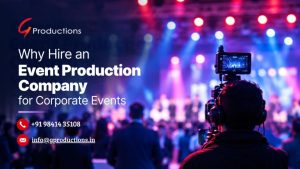Realistic corporate event production setup with professional camera operator, stage lighting, and audience at a live corporate event.