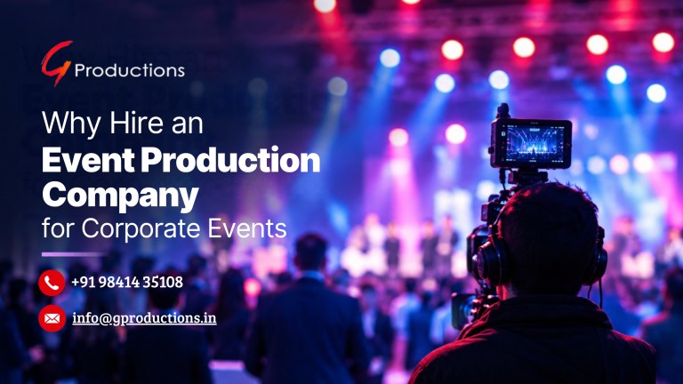 Realistic corporate event production setup with professional camera operator, stage lighting, and audience at a live corporate event.