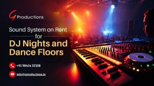 Realistic DJ sound system setup with a mixing console, colorful stage lighting, and a lively dance floor for DJ nights and events.