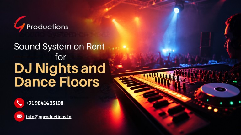 Realistic DJ sound system setup with a mixing console, colorful stage lighting, and a lively dance floor for DJ nights and events.