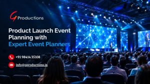Product launch event planning with expert event planners at a corporate event with stage lighting and LED screens