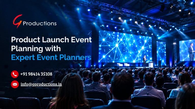 Product launch event planning with expert event planners at a corporate event with stage lighting and LED screens