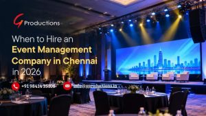 Realistic corporate event management setup in Chennai featuring a professional stage, DJ equipment, blue and yellow lighting, LED screens, and elegant conference seating, with the headline “When to Hire an Event Management Company in Chennai in 2026.”